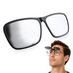 A dark clip-on solar filter with a flip-up hinge, shown alone and clipped onto a pair of spectacles.