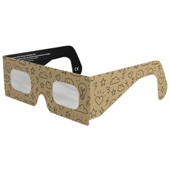Kraft-brown card eclipse glasses printed with hand-drawn stars and planets.