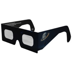 Black card eclipse glasses with silver filters and a ringed planet printed on the arm.